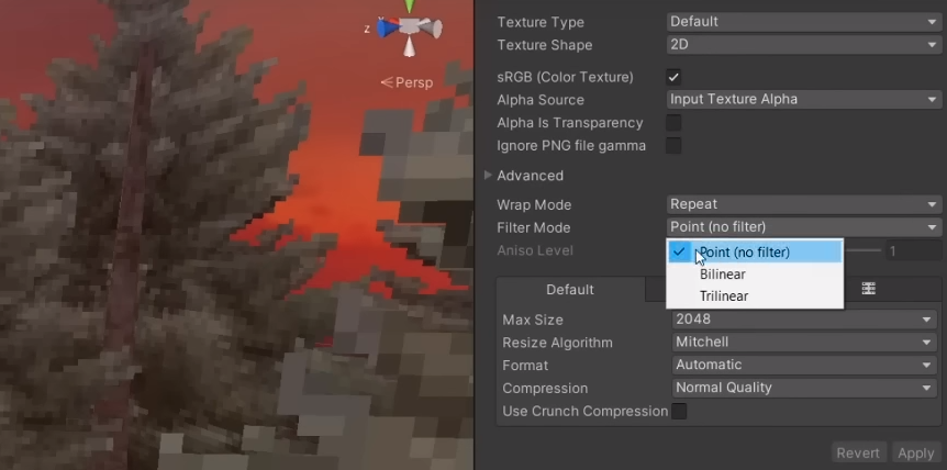 Ustawienia importu obrazu Unity, aby uzyskać wygląd retro.
