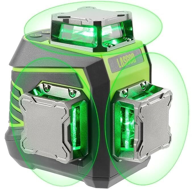 Poziomica laserowa 3x360° samopoziomująca, 3D zielony laser krzyżowy do budowy i wieszania obrazów, akumulator, pilot zdalnego sterowania, magnetyczny stojak obrotowy w zestawie - LG-3Dx
